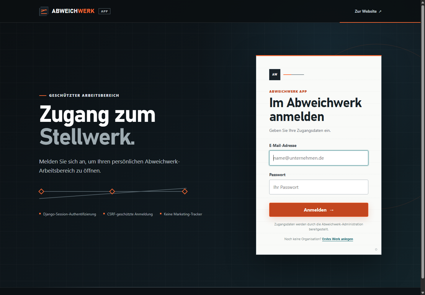 Abweichwerk App: Anmeldeseite des geschützten Arbeitsbereichs