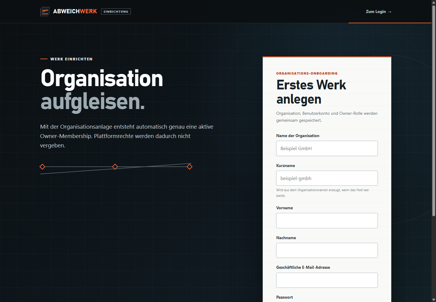 Abweichwerk App: Onboarding einer neuen Organisation